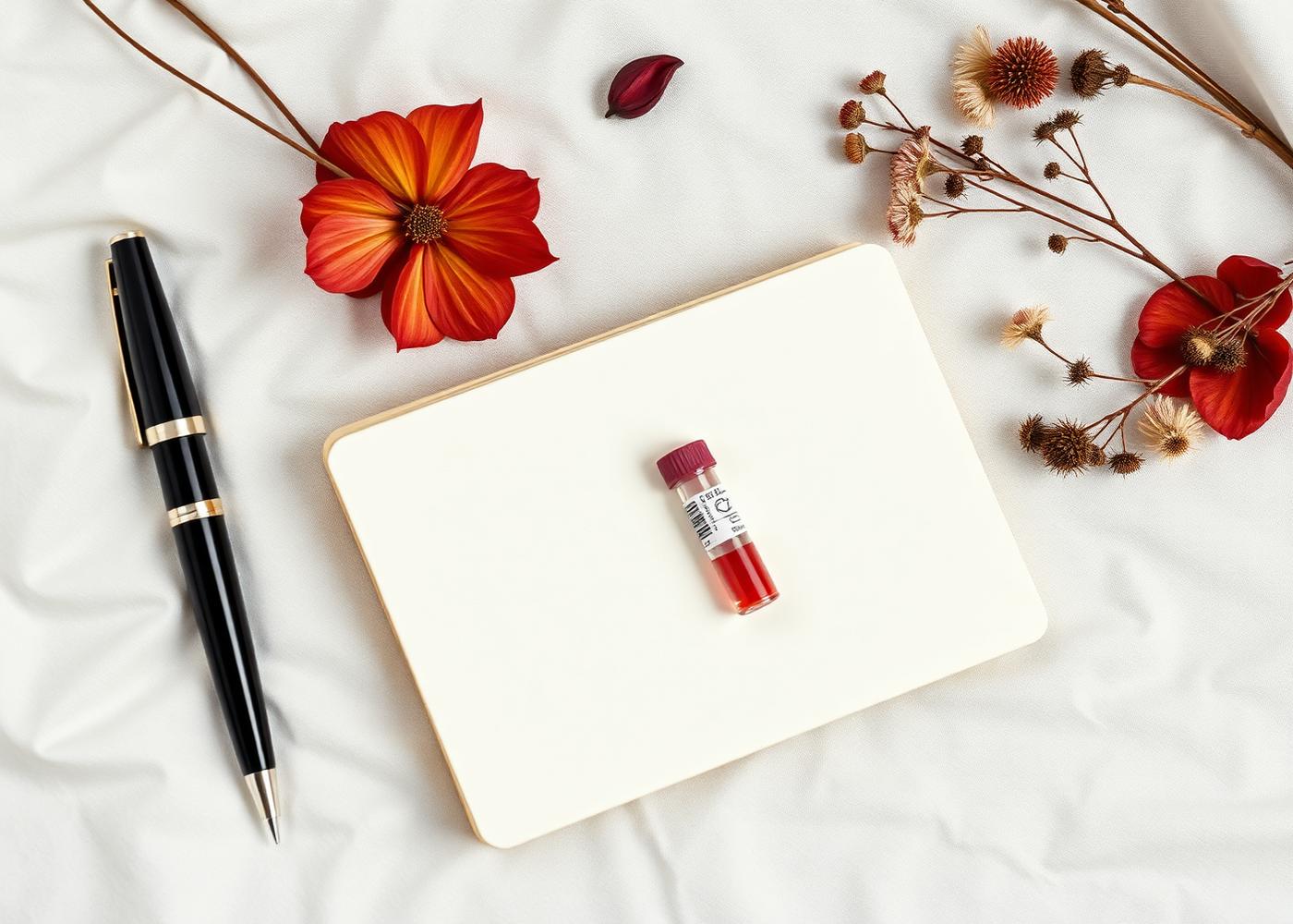 Notebook and sample tube for questions about hormone health and blood tests
